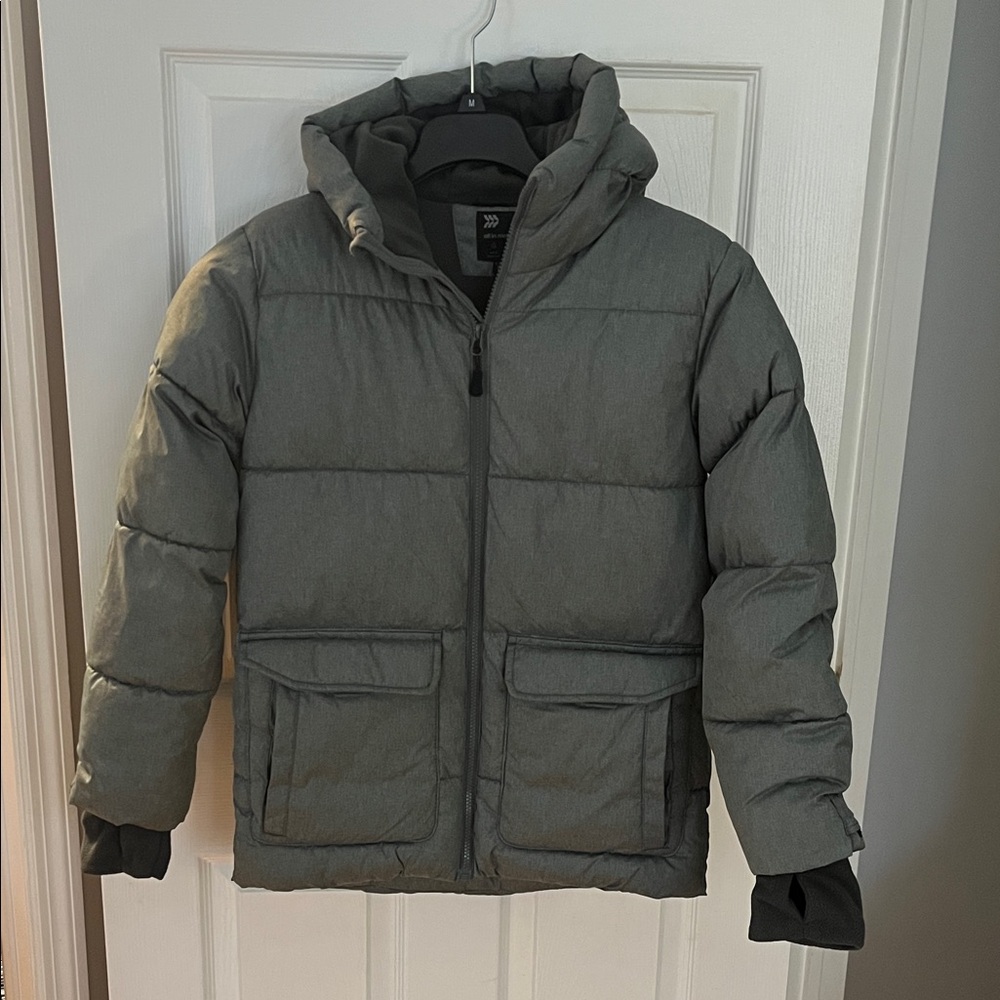 Gray Puffer Jacket with Hood